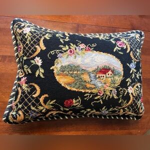 Vintage Needlepoint Pillow Down Filled Wool Embroidery Cottage Scene 16x22